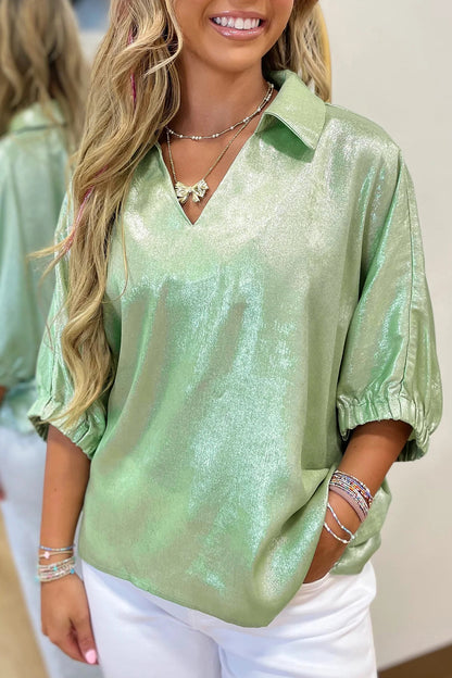 Casual Collared V Neck Half Sleeve Metallic Top