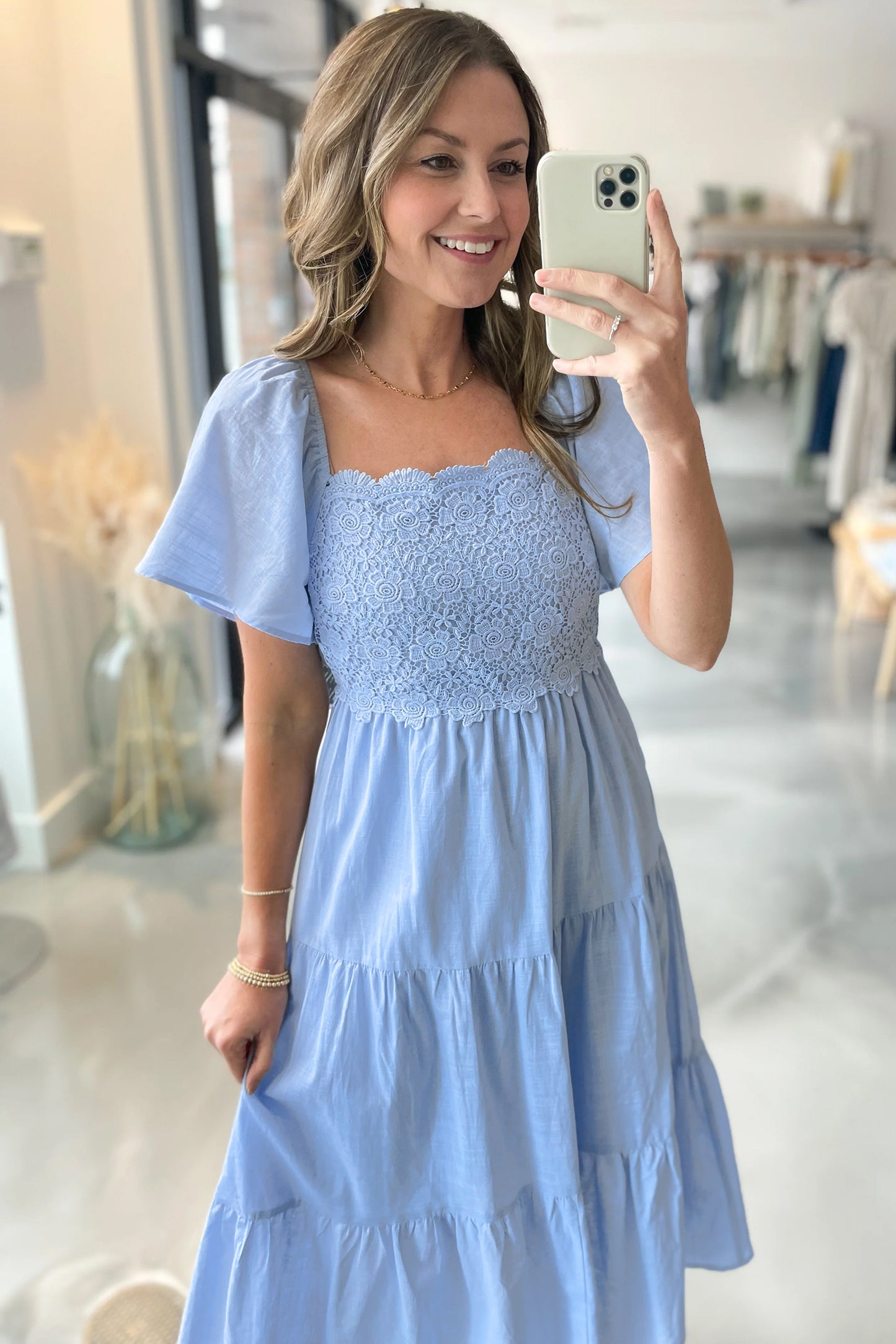 Beau Blue Flowy Short Sleeve Lace Detail Square Neck Tiered Midi Dress