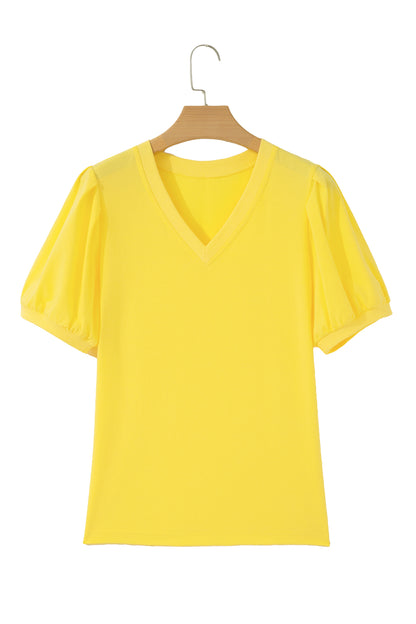 Turquoise Solid Color V Neck Short Puff Sleeve Blouse