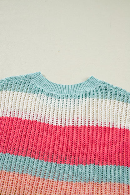 Green Stripe Color Block Hollow Out Knit Short Sleeve Sweater