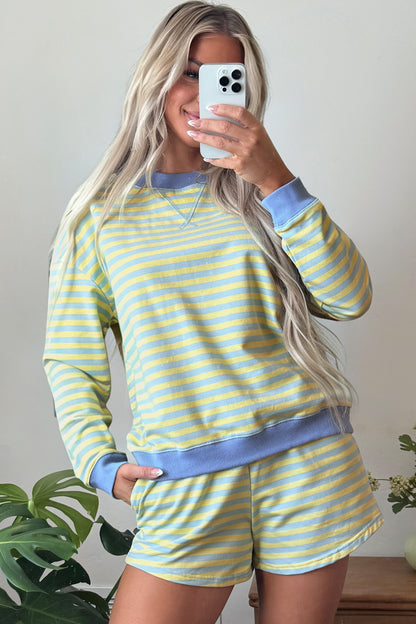 Yellow Stripe Color Block Detail Long Sleeve Pullover Elastic Waist Pull On Shorts 2pcs Set