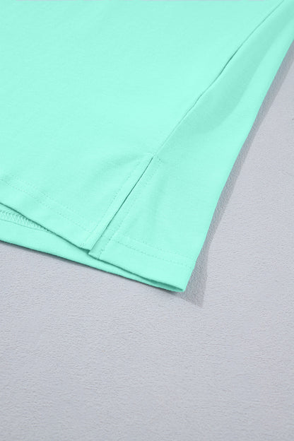 Turquoise Solid Color V Neck Short Puff Sleeve Blouse