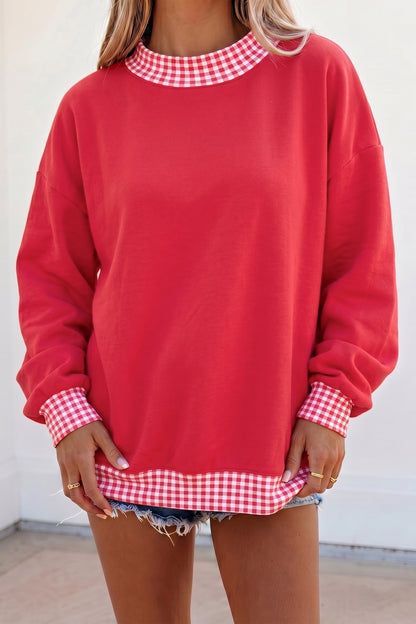 Racing Red Colorblock Polka Dot Contrast Trim Oversized Sweatshirt