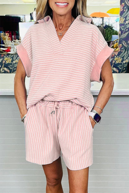 Khaki Stripe Dolman Sleeve Polo Shirt and Drawstring Shorts Set