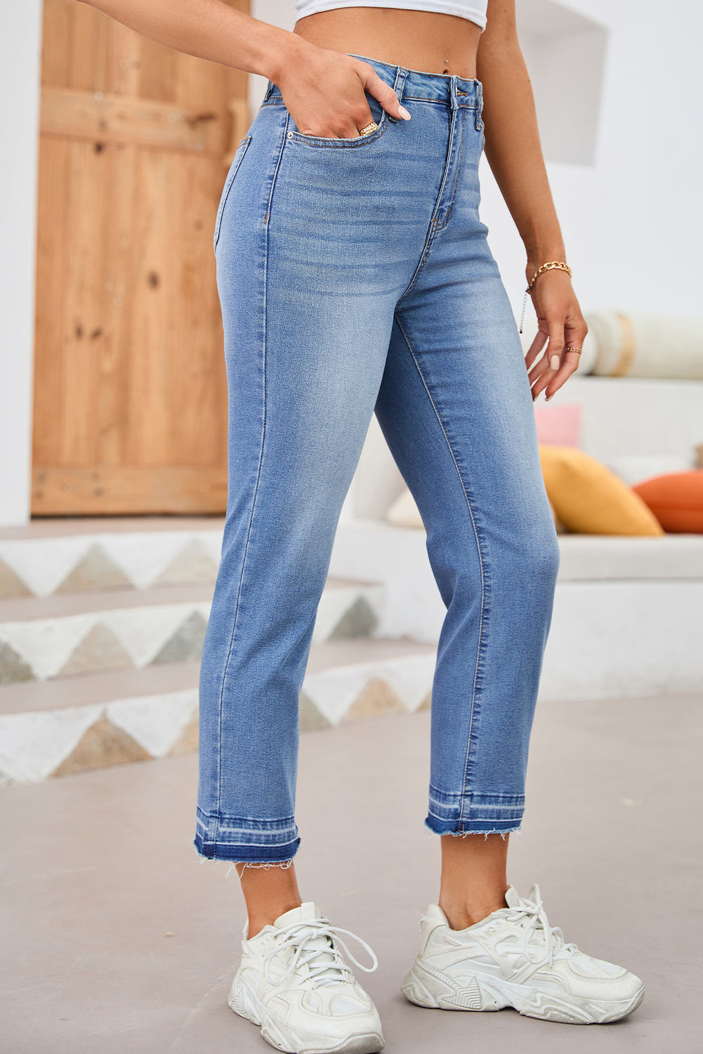 Sky Blue Whiskered Wash Raw Hem Cropped Jeans