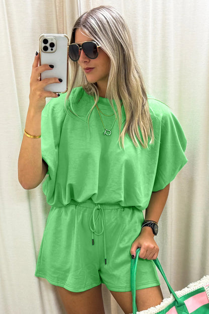 Smoke Gray Solid Color Puffy Loose Top Drawstring Shorts 2pcs Outfit