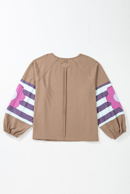 Light French Beige Plus Size Flower Striped Patchwork Puff Sleeve Loose Sweatshirt