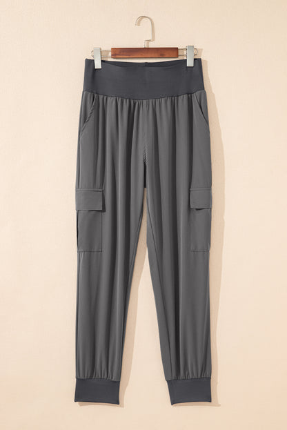 Black Elastic High Waist Pocketed Cargo Jogger Pants