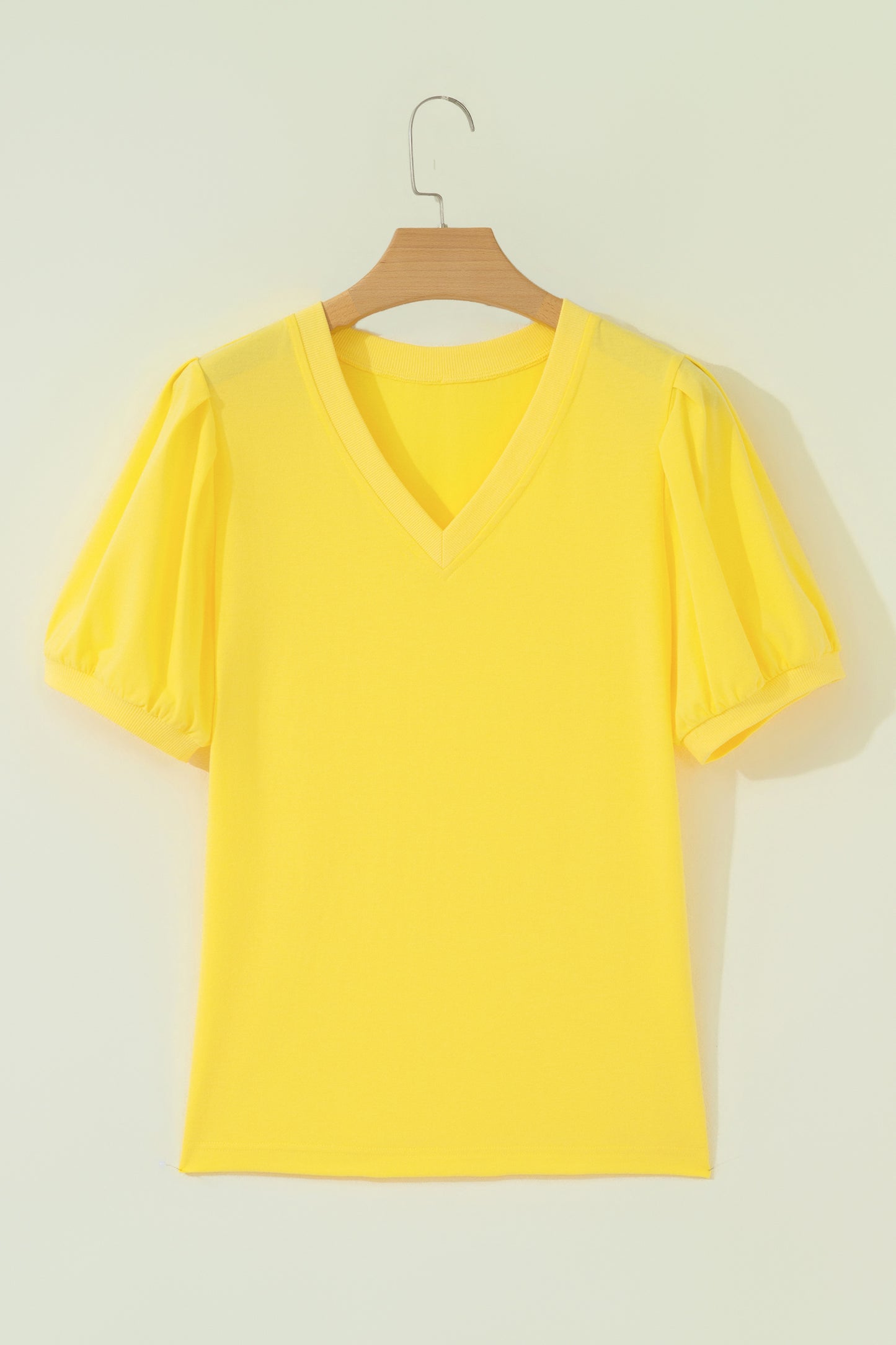 Turquoise Solid Color V Neck Short Puff Sleeve Blouse