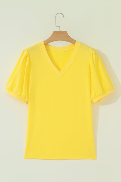 Turquoise Solid Color V Neck Short Puff Sleeve Blouse