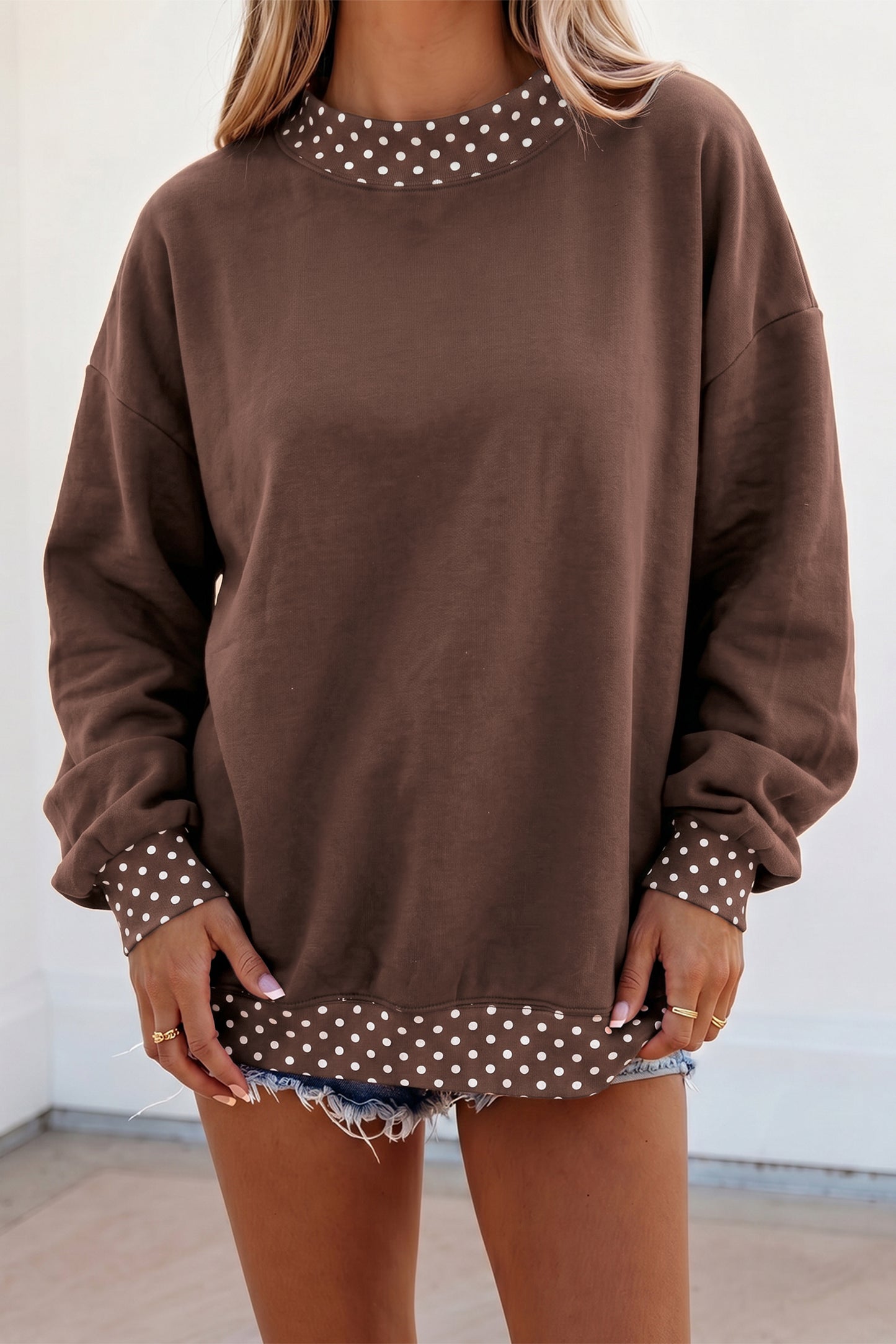 Racing Red Colorblock Polka Dot Contrast Trim Oversized Sweatshirt