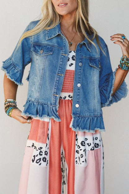 Blue Ruffle Hem Raw Edge Half Sleeve Western Denim Jacket