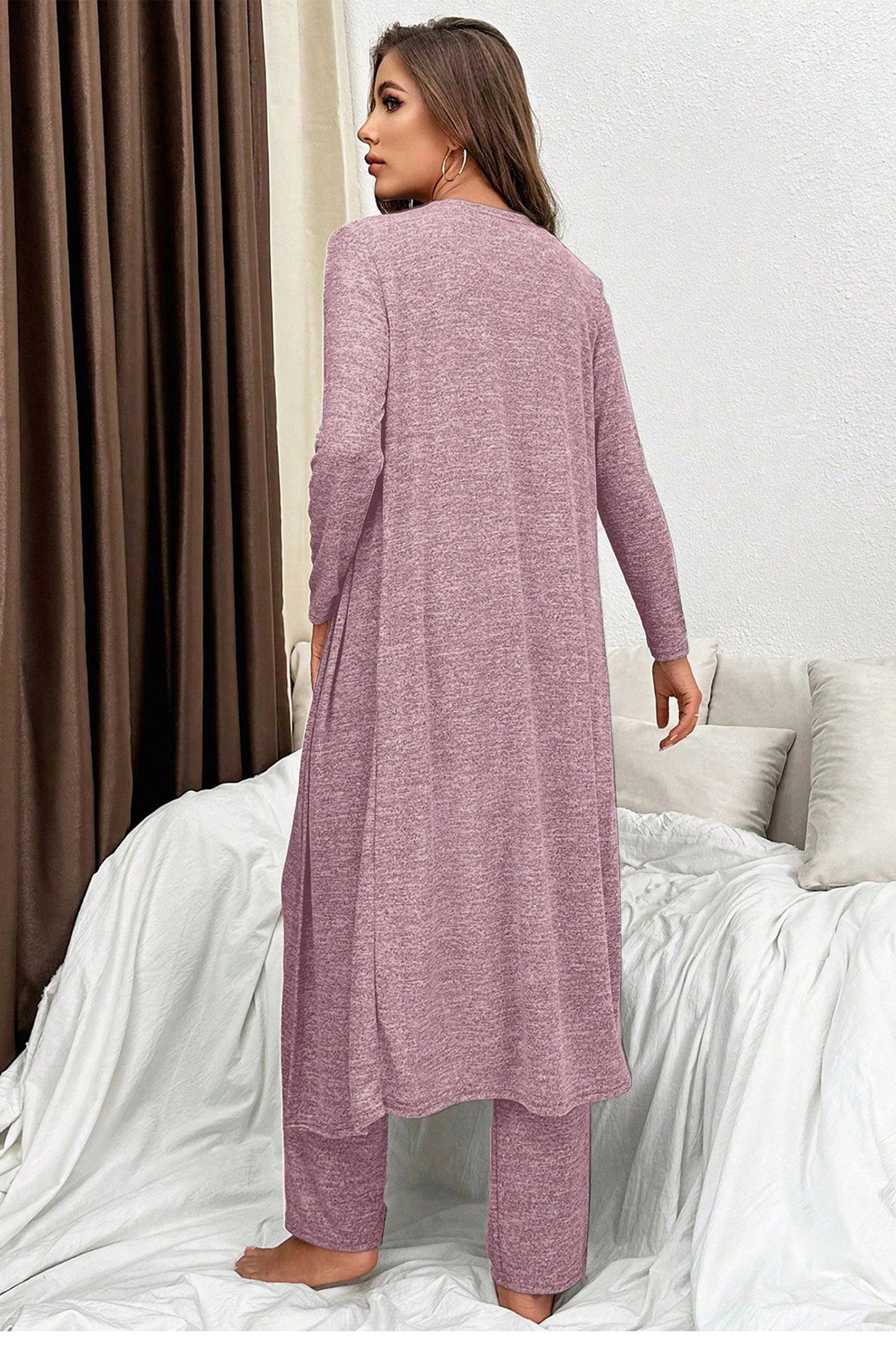 Delicacy 3pcs V Neck T Shirt Ribbon Knot Pants Open Duster 3pcs Lounge Set