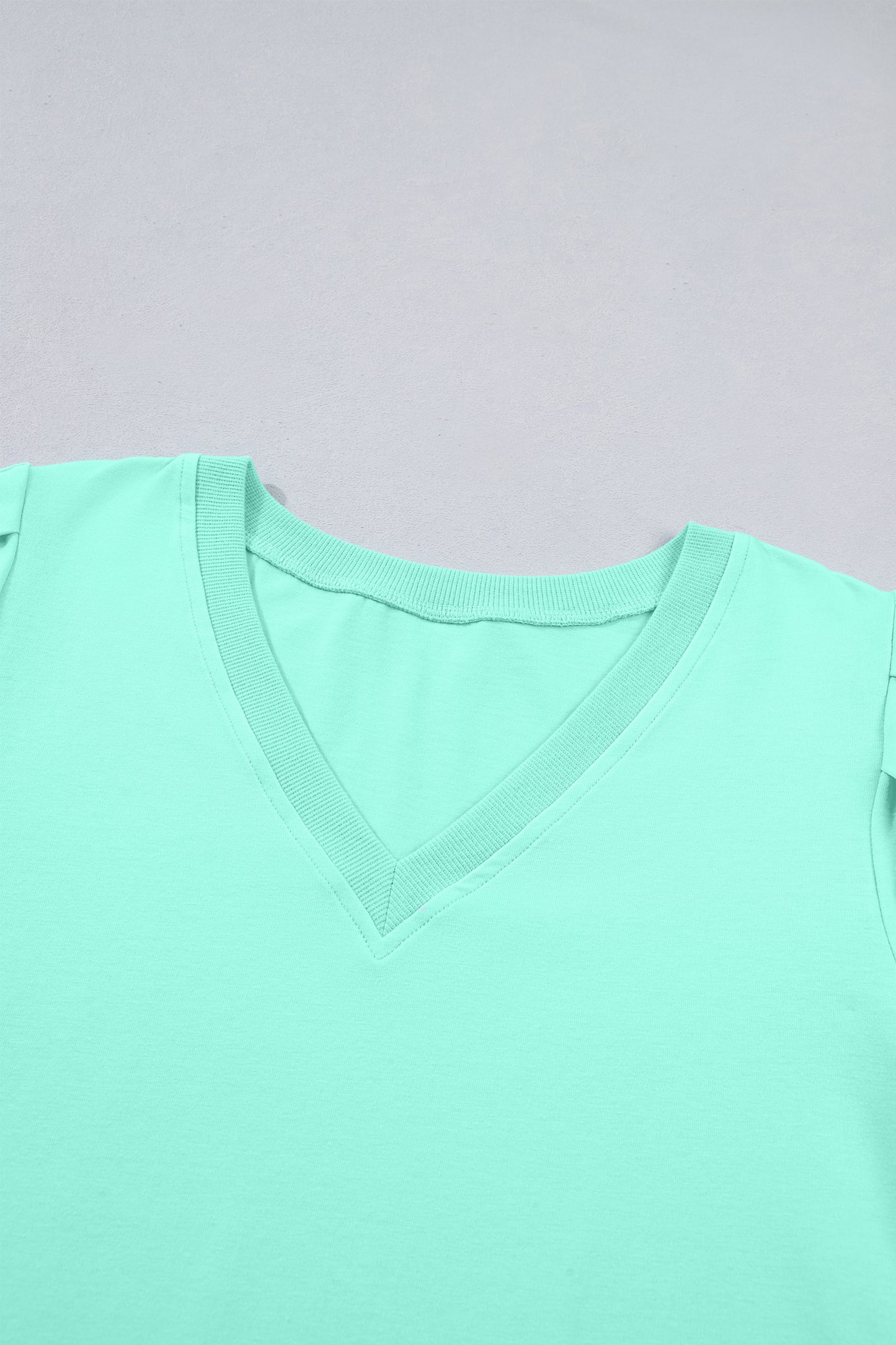 Turquoise Solid Color V Neck Short Puff Sleeve Blouse