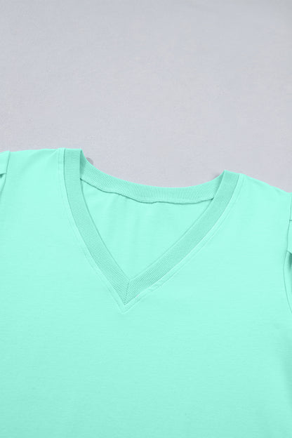 Turquoise Solid Color V Neck Short Puff Sleeve Blouse