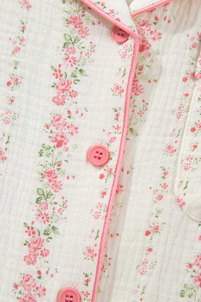 Pink Floral Print Long Sleeve Button Front Shirt Pajama Pant Set