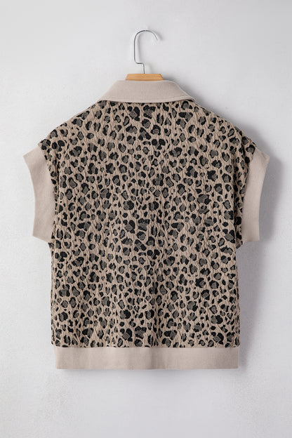 Beige Zip up Collared Leopard Cap Sleeve Top