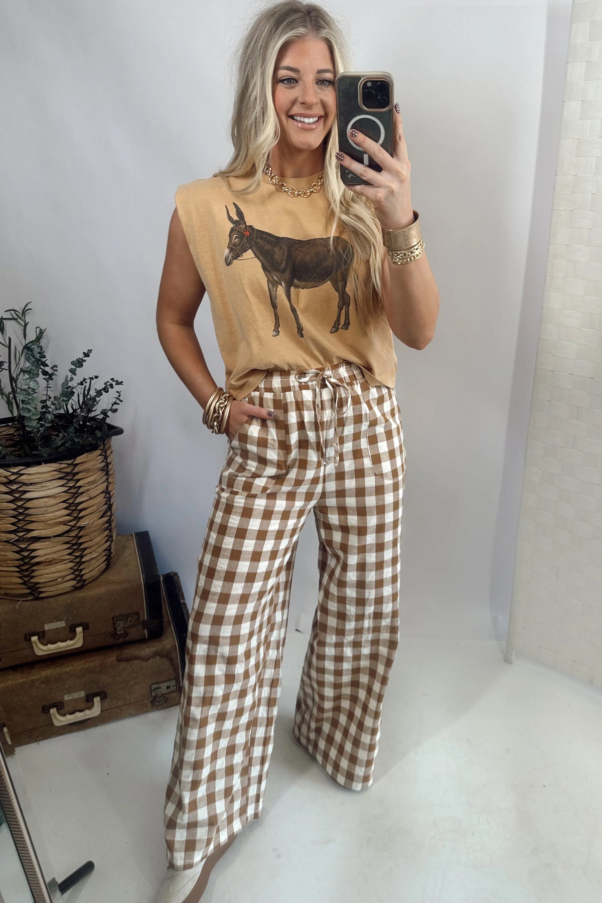 Red Gingham Plaid Tie Elastic Waist Shift Pants