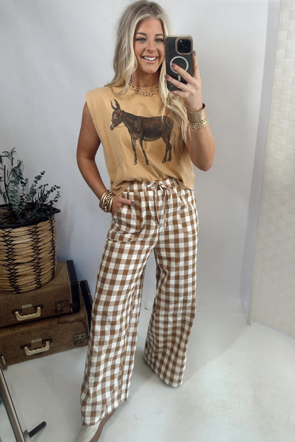 Red Gingham Plaid Tie Elastic Waist Shift Pants