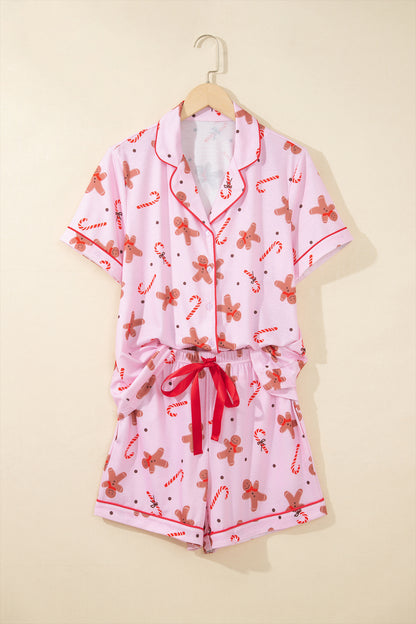 Pink Short Sleeve Placket Shell Button Elastic Waist Lounge Set