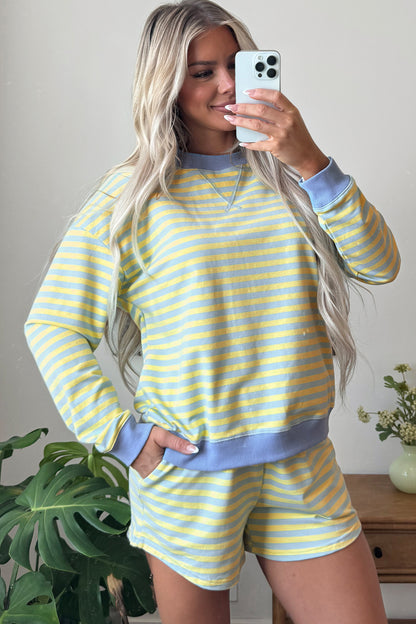 Yellow Stripe Color Block Detail Long Sleeve Pullover Elastic Waist Pull On Shorts 2pcs Set