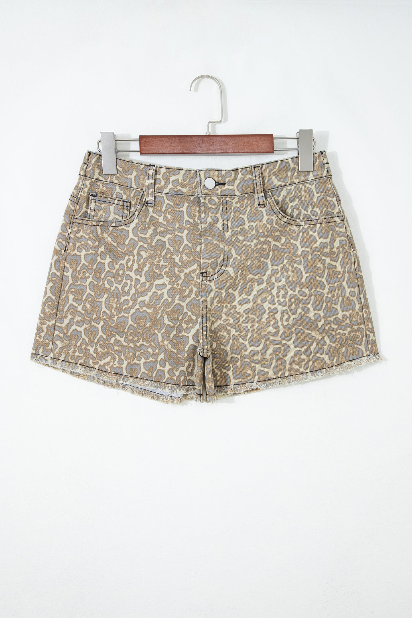 Khaki Raw Edge Leopard Print Denim Shorts