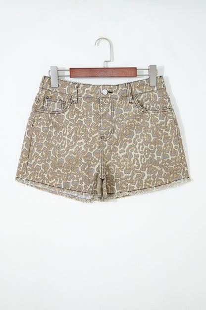 Khaki Raw Edge Leopard Print Denim Shorts