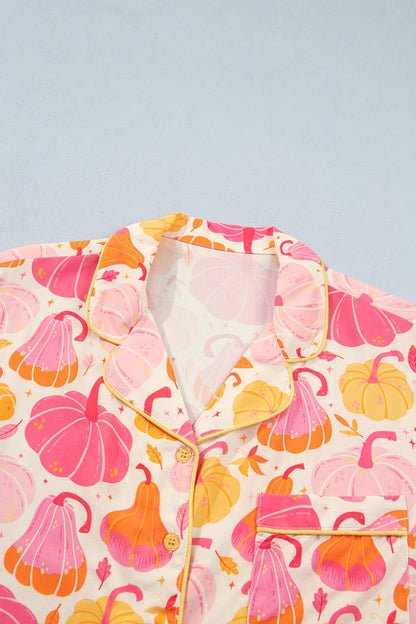 Pink Short Sleeve Pumpkin Print Pocket Placket Shell Button Lounge Set
