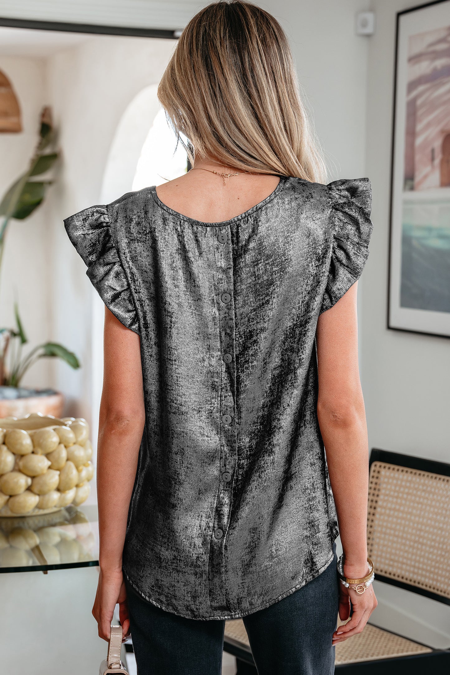 Gold Metallic Round Neck Ruffle Trim Sleeveless Top