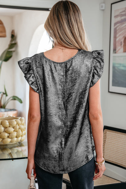 Gold Metallic Round Neck Ruffle Trim Sleeveless Top