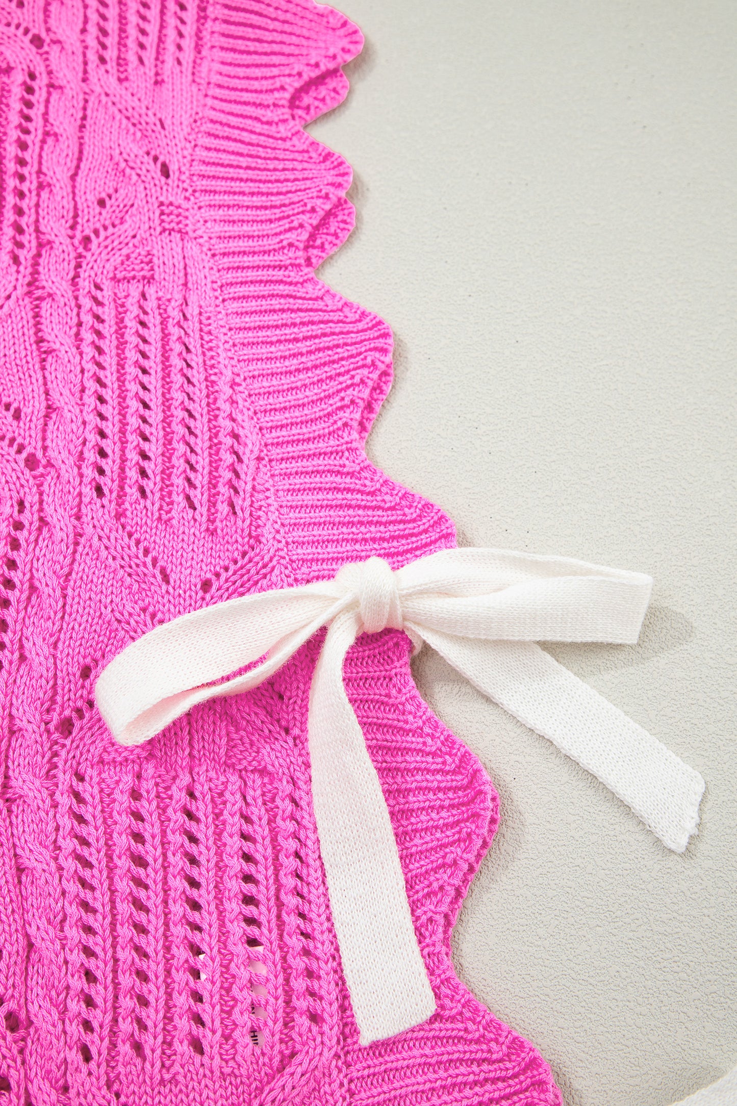 Beau Blue Pointelle Knit Patterned Scalloped Trim Short Sleeve Sweater