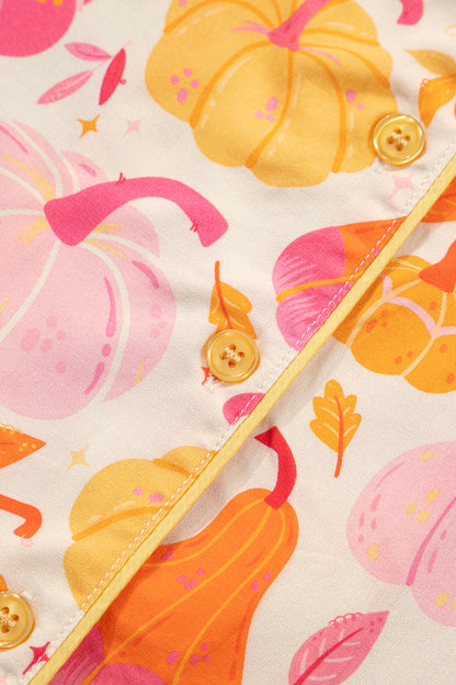 Pink Short Sleeve Pumpkin Print Pocket Placket Shell Button Lounge Set