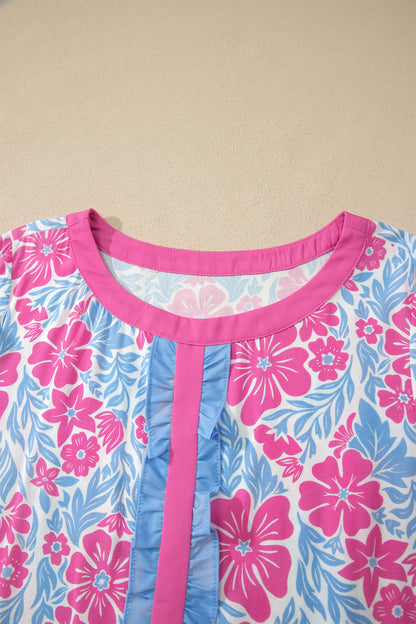 Purple Floral Print Ruffled Color Block Trim Half Sleeve Blouse