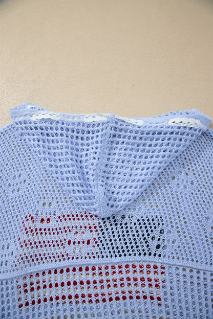 Beau Blue Hollow Out Crochet Knit American Flag Patched Sweater Hoodie