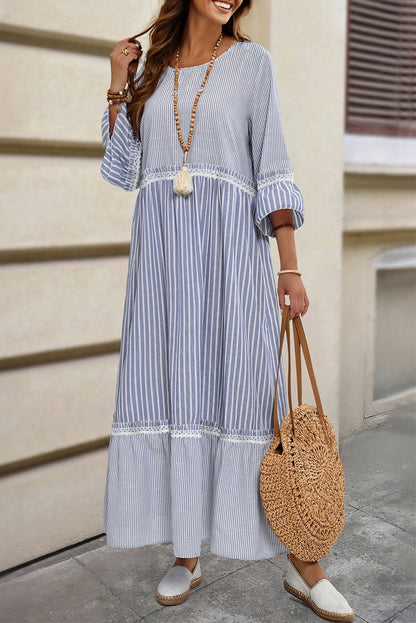 Sky Blue Stripe Patchwork Crossed Lace Detail Bracelet Sleeve Maxi Dress