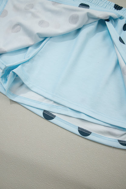 Sky Blue Ribbed Trim Polka Dot Print Tank Split Mini Skort 2pcs Set