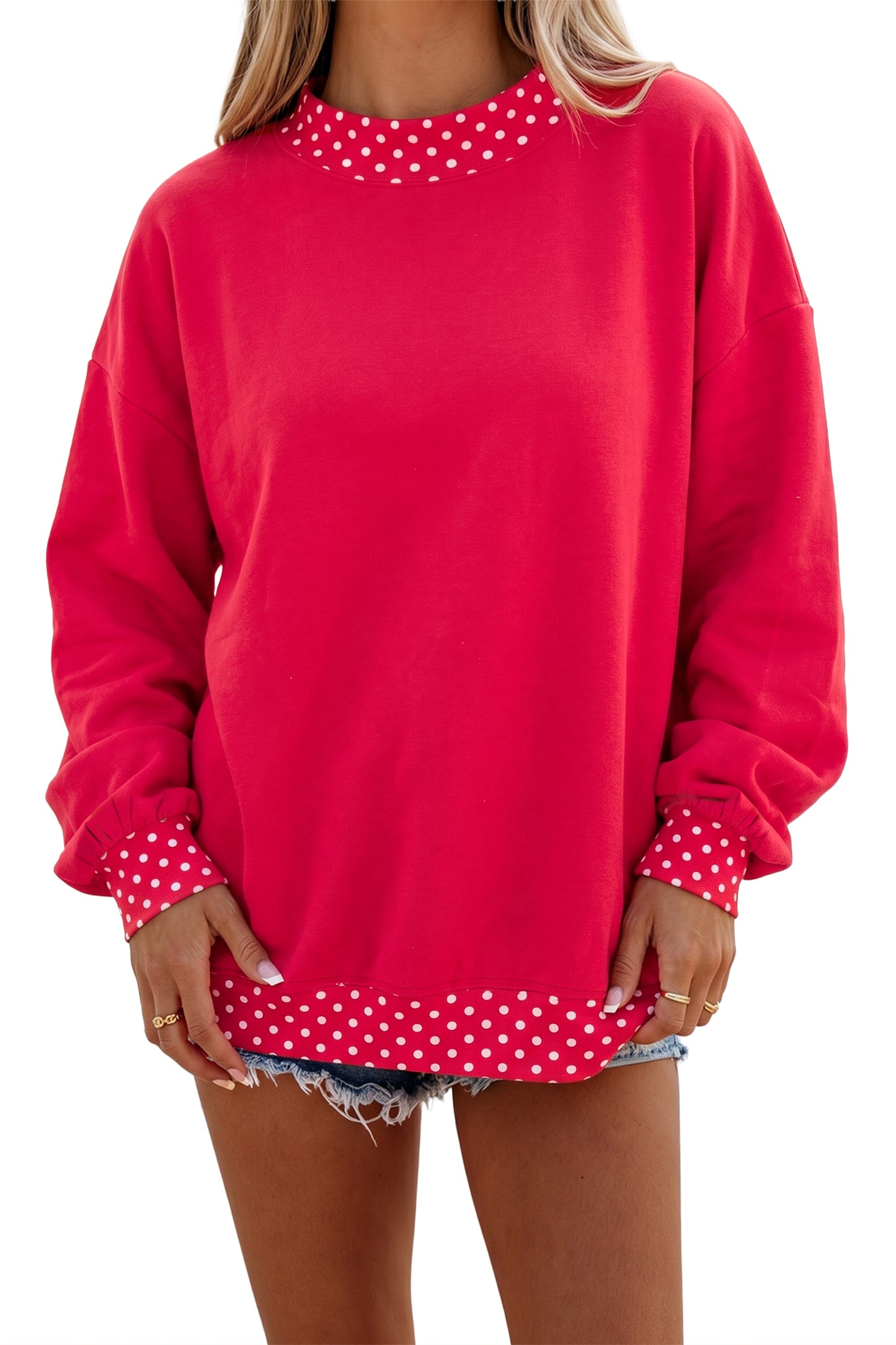 Racing Red Colorblock Polka Dot Contrast Trim Oversized Sweatshirt