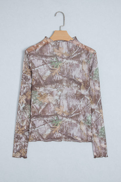 Camel Leopard Print Slim Fit Mesh Long Sleeve Mock Neck Top