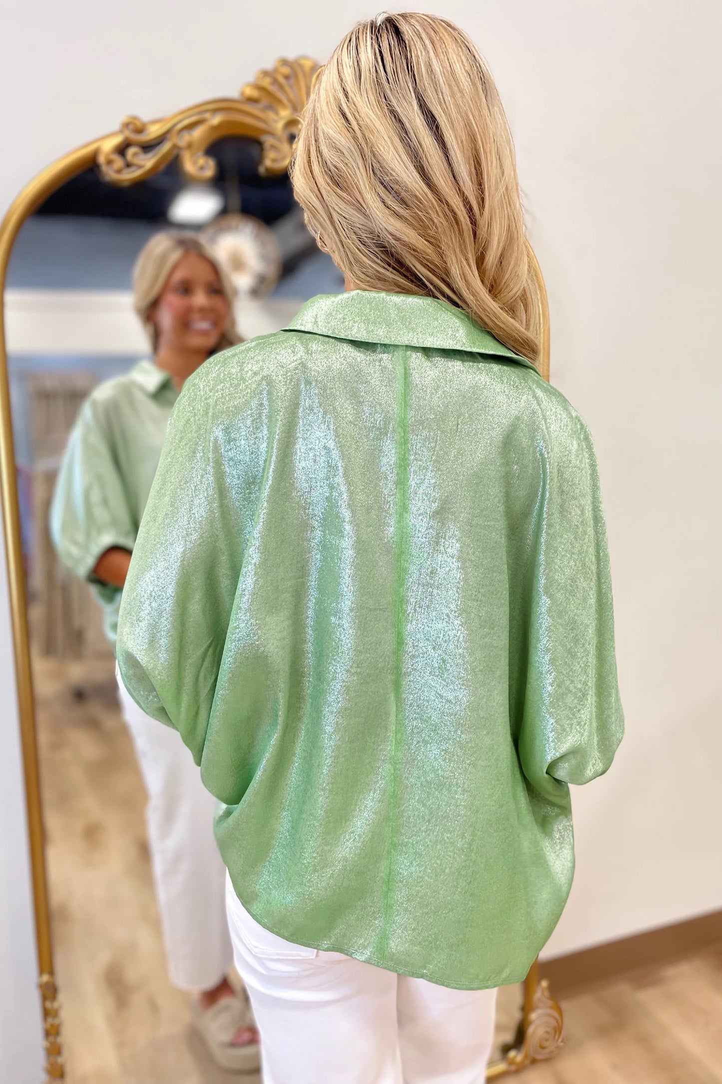 Casual Collared V Neck Half Sleeve Metallic Top