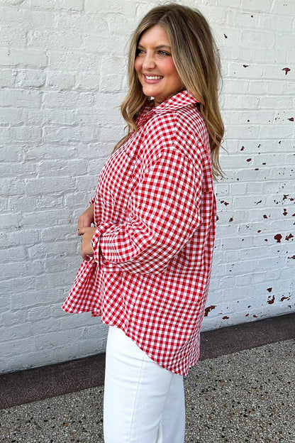 Red Plaid V Neck Long Sleeve Tunic Loose Fit Plus Size Shirt