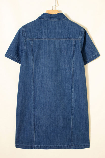 Blue Sequin Football Pattern Zip Collar Pocketed Denim Shift Dress