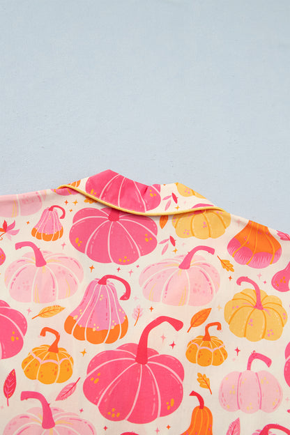 Pink Short Sleeve Pumpkin Print Pocket Placket Shell Button Lounge Set