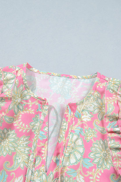 Pink Tie V Neck Floral Short Puff Sleeve Blouse