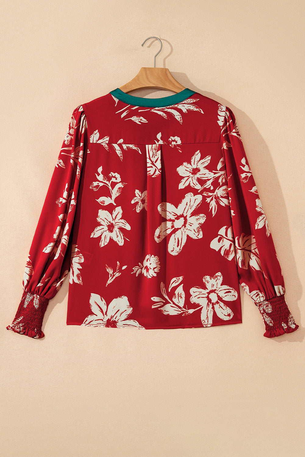 Red Contrast Tied Neck Shirred Puff Sleeve Flower Blouse