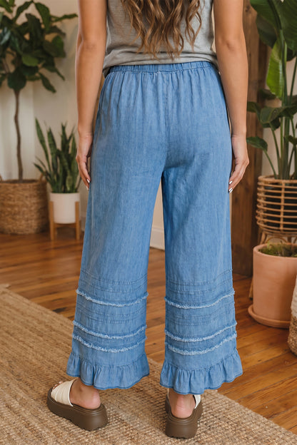 Beau Blue Ruffled Hem Wide Leg Chambray Pants
