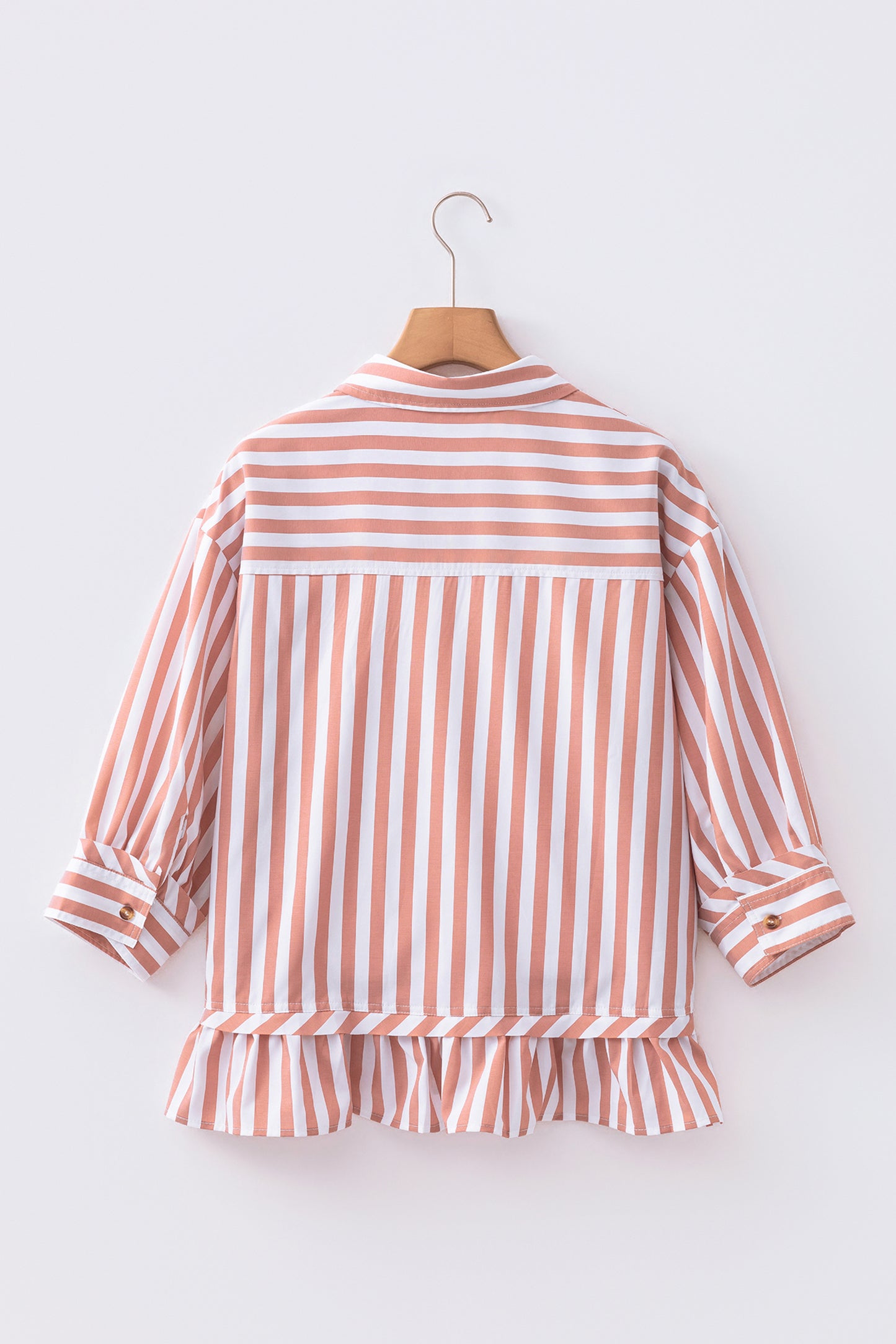 Khaki Stripe Button Front Ruffle Hem Bracelet Sleeve Shirt