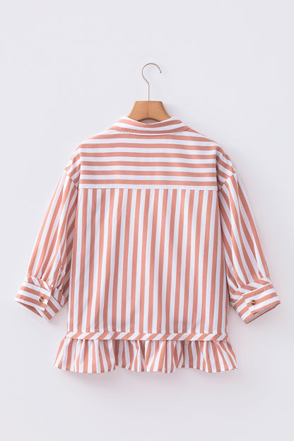 Khaki Stripe Button Front Ruffle Hem Bracelet Sleeve Shirt
