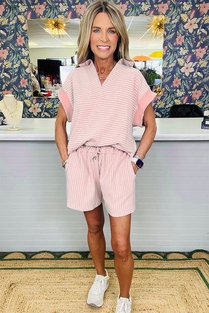 Khaki Stripe Dolman Sleeve Polo Shirt and Drawstring Shorts Set