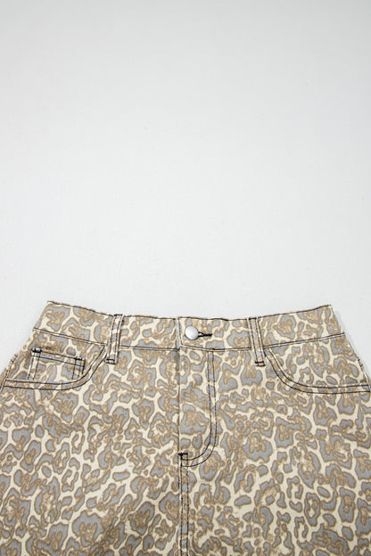 Khaki Raw Edge Leopard Print Denim Shorts