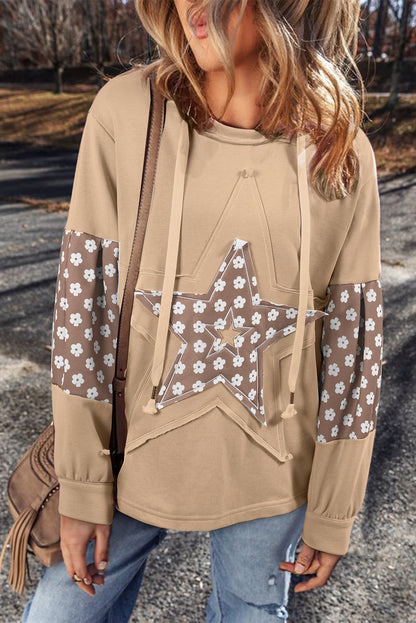Beau Blue Floral Patchwork Star Pattern Drawstring Hoodie